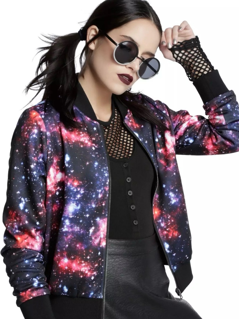Hot Topic Galaxy Print Bomber Jacket - Black & Pink
